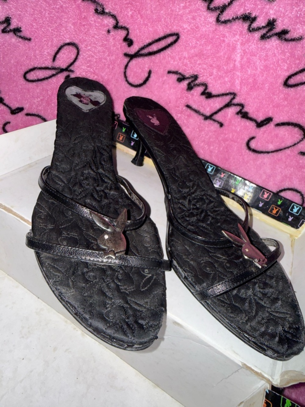 PLAYBOY Black Quilted kitten Heels with Bunny Charm